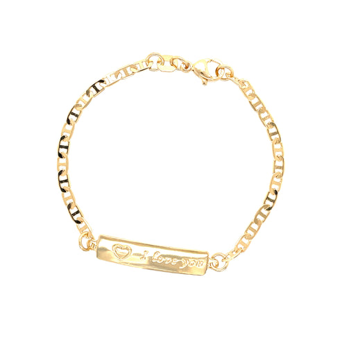 The I LOVE YOU plate Baby Bracelet with mariner link, made from 14K Gold Filled material, showcases a mariner link design and features a rectangular "I Love You" plate engraved with a heart. It is secured with a lobster clasp, ensuring both charm and security for little wrists.